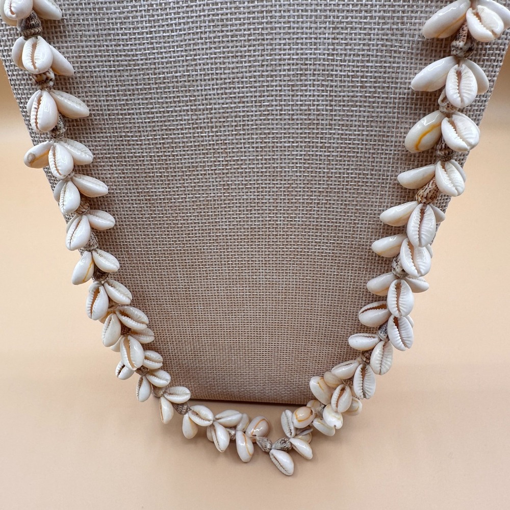 Natural Cowrie Shell Cluster Long Necklace Boho Coastal Beach Statement Vintage
